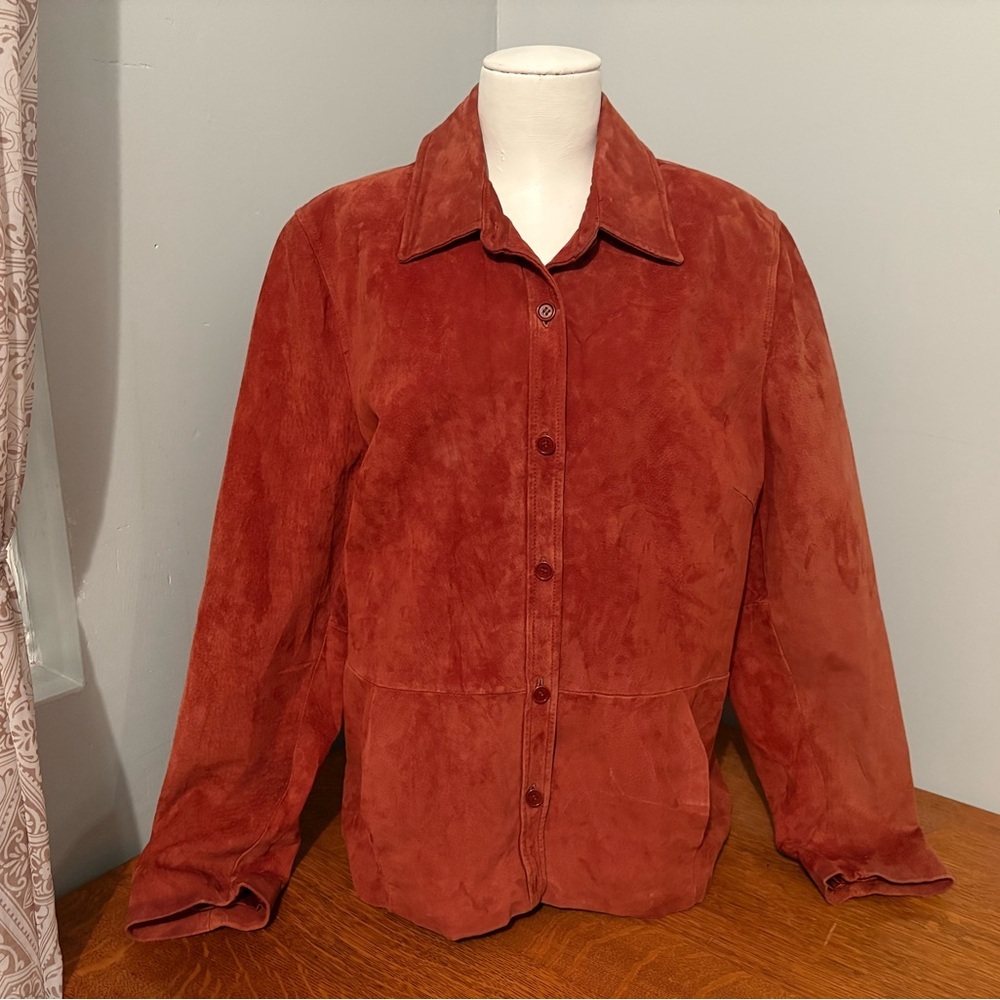 Red Suede Jacket Women’s XL Caslon Leather Lined Vintage Rust Button Down Coat - Picture 13 of 16
